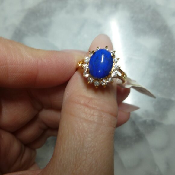 18K EP Gold Lapis Lazuli Cubic Zirconia Ring Size 8 - Picture 2 of 12